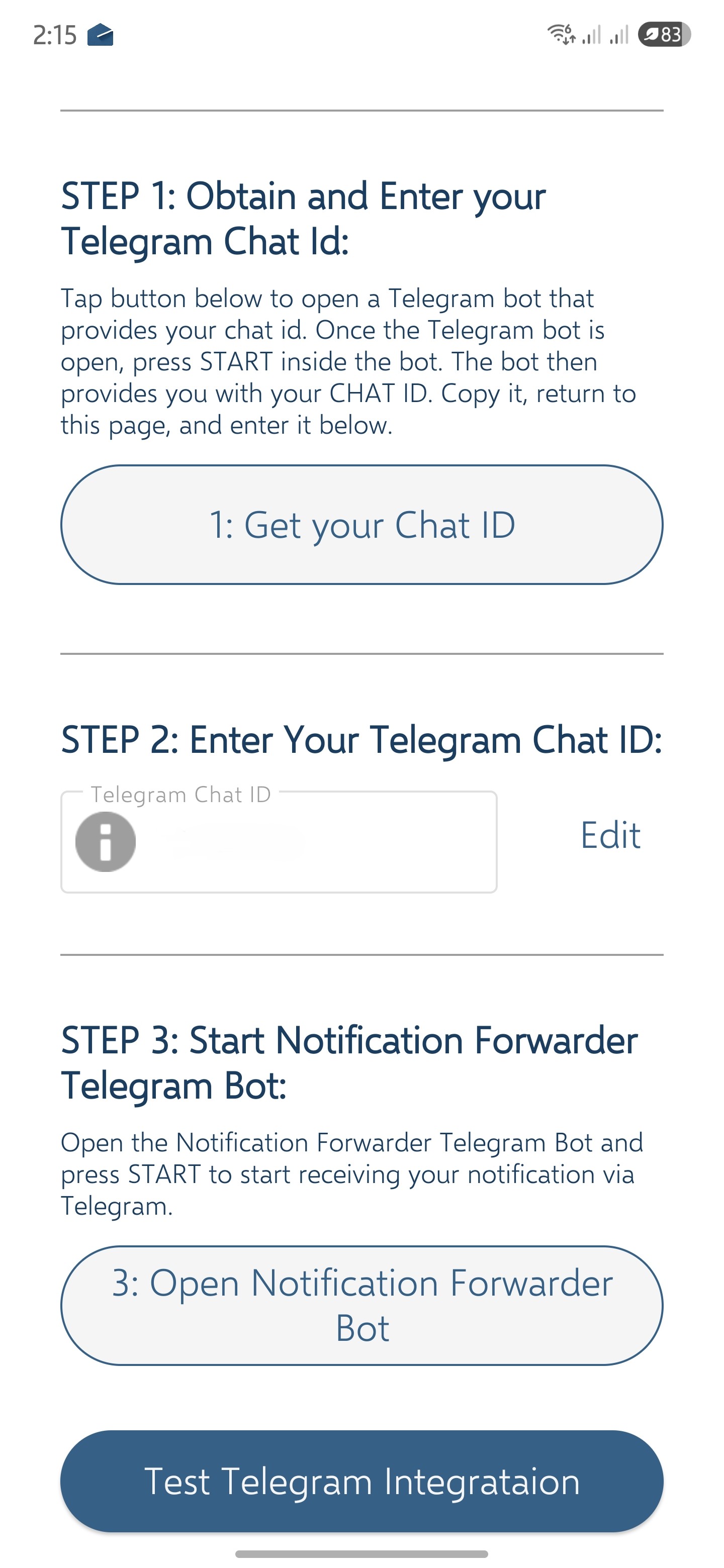 Step-by-step instructions on how to set up the Telegram bot integration